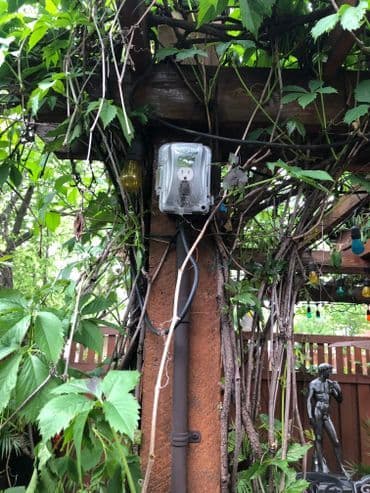 Electrical outlet mounted on a wooden post, surrounded by lush green vines and plants.